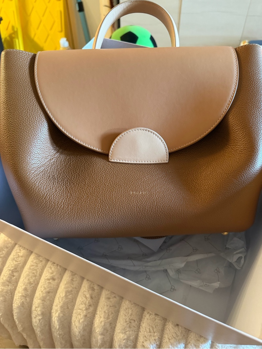 Polene Tan & Cream Leather Crossbody with Top Handle